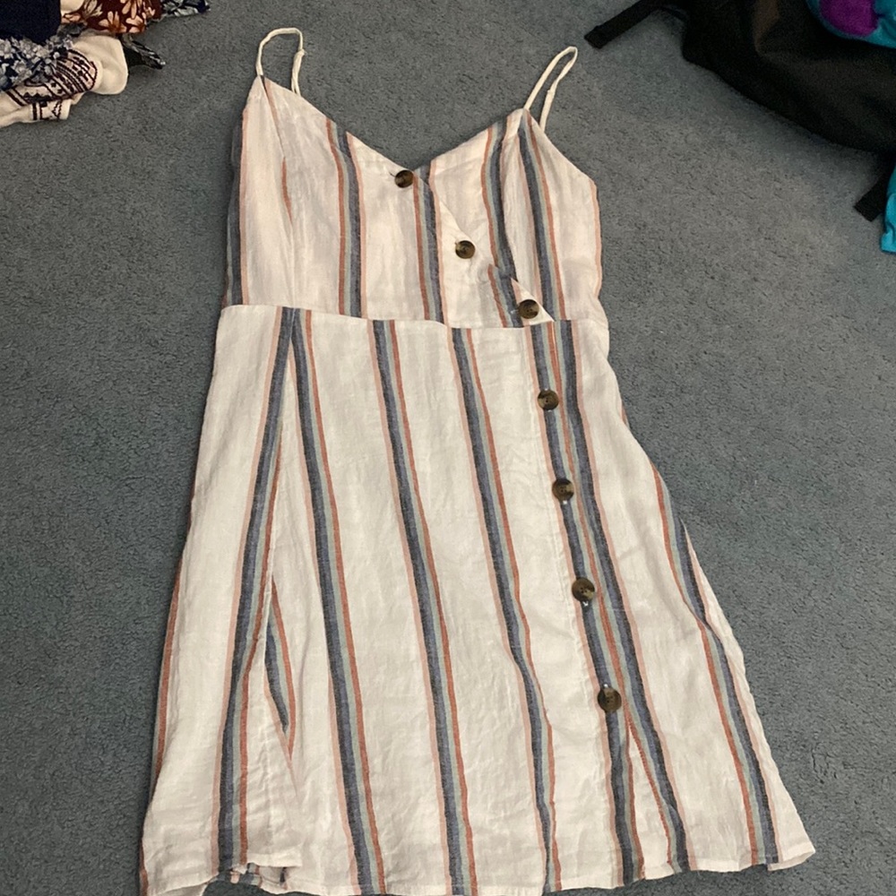 White dress with colorful stripes